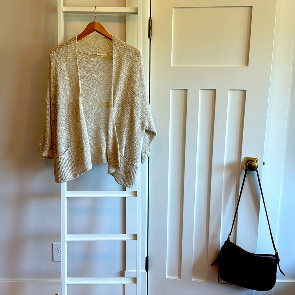 Eileen Fisher linen blend open knit over wrap sweater. Wedding cover up!